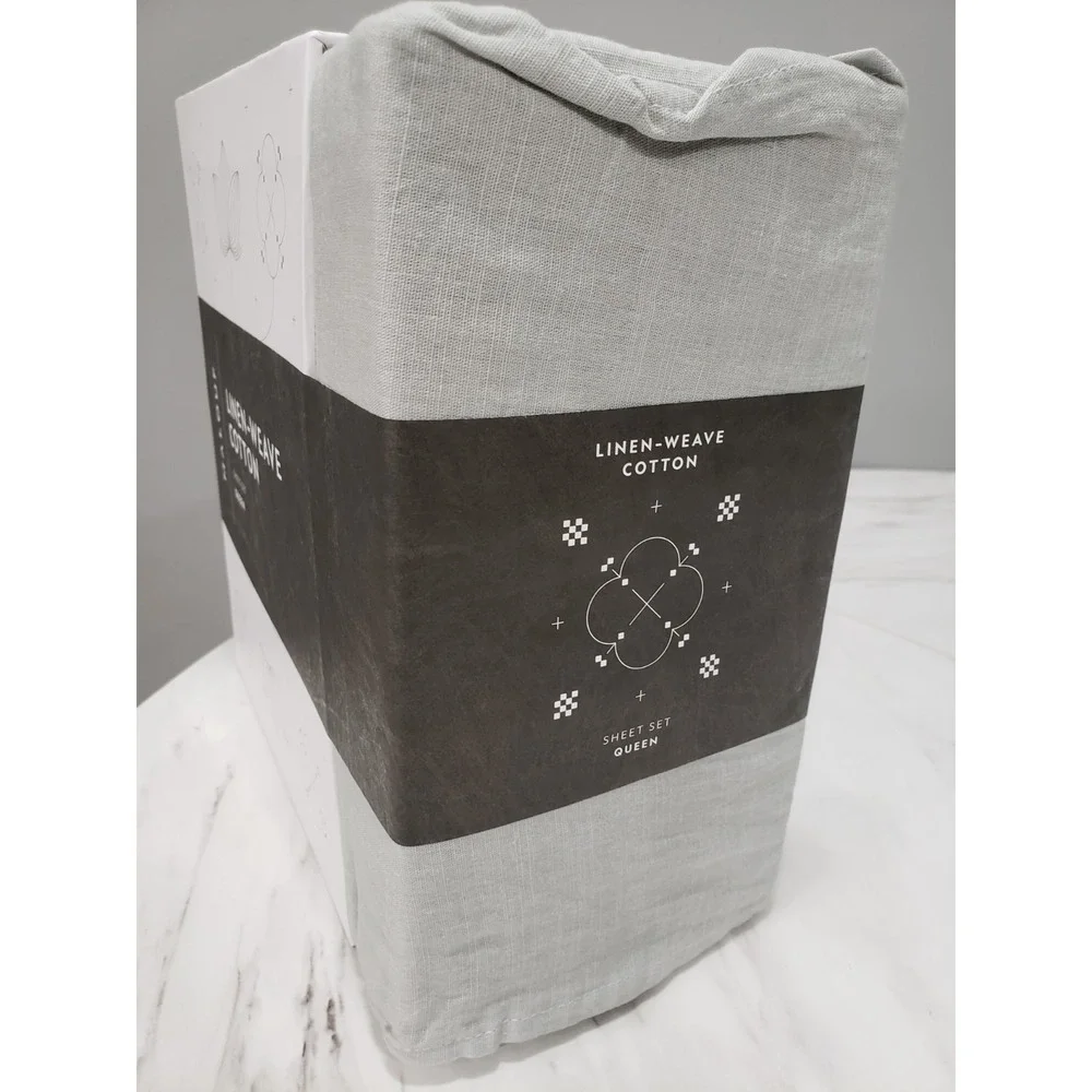 NEW IN COLOR FOG Malouf Linen-Weave Cotton Sheet Set QUEEN gray solid